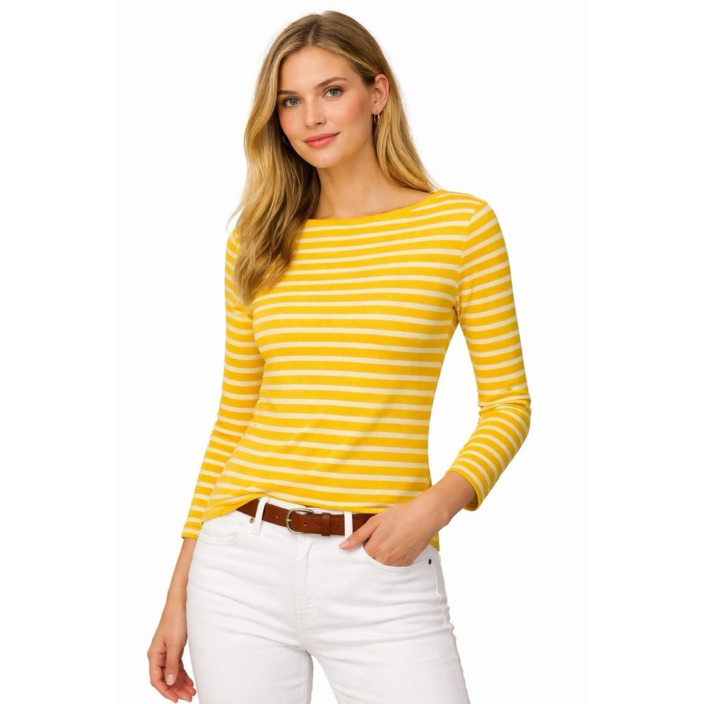 Lauren Ralph Lauren Yellow Stripe Ribbed Boat Neck Knit‎ Top Size M Y2K Preppy